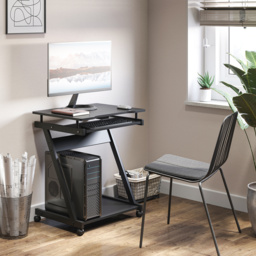 HOMCOM Movable Compact Small Computer Desk with 4 Moving Wheels Sliding Keyboard Tray Home Office Gaming Study Workstation Black - Aosom UK - thumbnail 2
