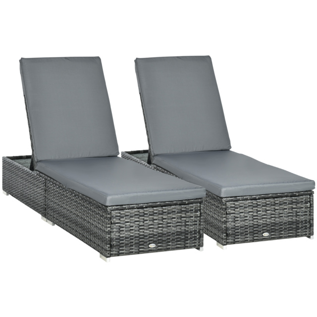 Outsunny PE Rattan Sun Loungers set of 2 w/ Cushion, 2 Pcs Garden Sunbed Furniture w/ 5-Level Backrest, Reclining Patio Wicker Bed Chair, Grey - image 1