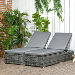 Outsunny PE Rattan Sun Loungers set of 2 w/ Cushion, 2 Pcs Garden Sunbed Furniture w/ 5-Level Backrest, Reclining Patio Wicker Bed Chair, Grey - thumbnail 2
