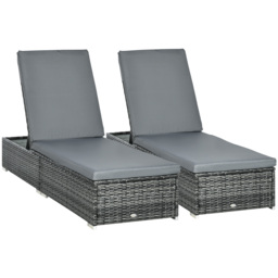 Outsunny PE Rattan Sun Loungers set of 2 w/ Cushion, 2 Pcs Garden Sunbed Furniture w/ 5-Level Backrest, Reclining Patio Wicker Bed Chair, Grey - thumbnail 1