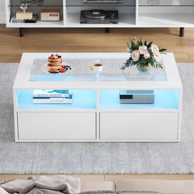 Smart Coffee Table with App-Controlled LED, USB Port and Glass Top, Practical Unit with 2 Drawers and Shelves,100L x 50W x 35H cm, White - Aosom UK - image 1