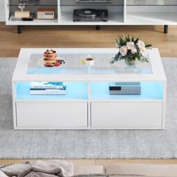 Smart Coffee Table with App-Controlled LED, USB Port and Glass Top, Practical Unit with 2 Drawers and Shelves,100L x 50W x 35H cm, White - Aosom UK - thumbnail 1
