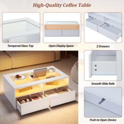 Smart Coffee Table with App-Controlled LED, USB Port and Glass Top, Practical Unit with 2 Drawers and Shelves,100L x 50W x 35H cm, White - Aosom UK - thumbnail 4