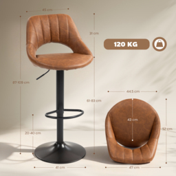 HOMCOM Bar Stools Set of 2, PU Leather Swivel Barstools with Backrest and Footrest for Kitchen, Counter, Breakfast Bar, Brown - thumbnail 3