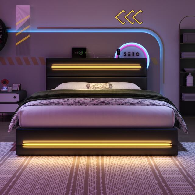 King Upholstered Bed Frame with Hydraulic Storage and LED Lights, Bedside Equipped with Type-C and USB ports, 210L x 160W x 110H cm, Black - Aosom UK - image 1