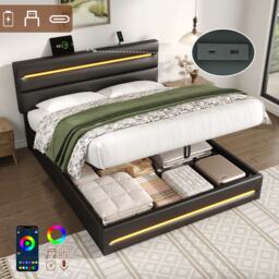 King Upholstered Bed Frame with Hydraulic Storage and LED Lights, Bedside Equipped with Type-C and USB ports, 210L x 160W x 110H cm, Black - Aosom UK - thumbnail 7