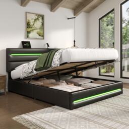 King Upholstered Bed Frame with Hydraulic Storage and LED Lights, Bedside Equipped with Type-C and USB ports, 210L x 160W x 110H cm, Black - Aosom UK - thumbnail 8