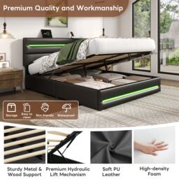 King Upholstered Bed Frame with Hydraulic Storage and LED Lights, Bedside Equipped with Type-C and USB ports, 210L x 160W x 110H cm, Black - Aosom UK - thumbnail 4