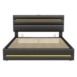 King Upholstered Bed Frame with Hydraulic Storage and LED Lights, Bedside Equipped with Type-C and USB ports, 210L x 160W x 110H cm, Black - Aosom UK - thumbnail 2