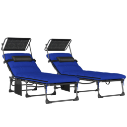 Outsunny Folding Sun Loungers Set of 2 with Canopy, Reclining Sunbed with Cushion, Side Pocket, Carrying Handle, Dark Blue - thumbnail 1