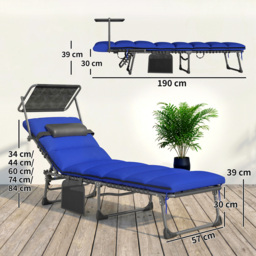 Outsunny Folding Sun Loungers Set of 2 with Canopy, Reclining Sunbed with Cushion, Side Pocket, Carrying Handle, Dark Blue - thumbnail 3