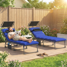 Outsunny Folding Sun Loungers Set of 2 with Canopy, Reclining Sunbed with Cushion, Side Pocket, Carrying Handle, Dark Blue - thumbnail 2