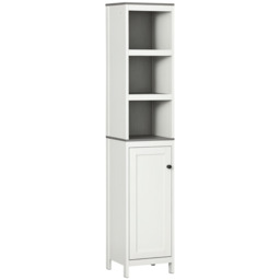 Kleankin Narrow Bathroom Cabinet, Tall Storage Unit with 3 Shelves, Adjustable Interior Shelf, Vintage White - Aosom UK