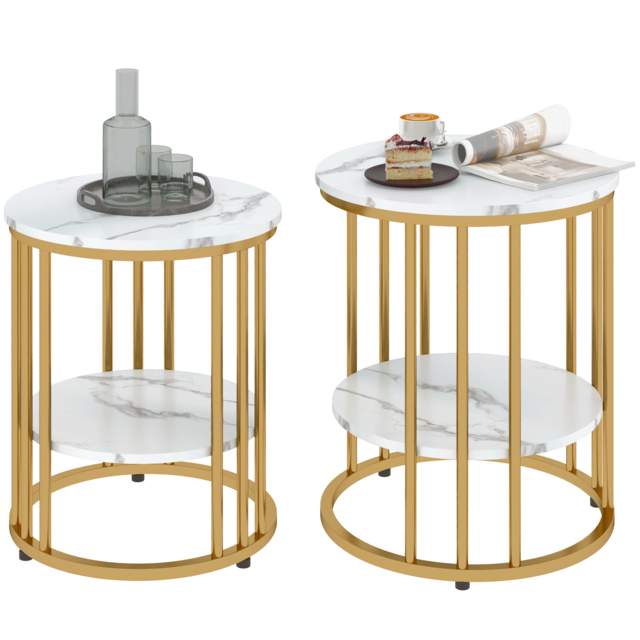 HOMCOM Set of Two Marble-Effect Coffee Tables - White/Gold-Tone - image 1