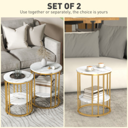 HOMCOM Set of Two Marble-Effect Coffee Tables - White/Gold-Tone - thumbnail 4