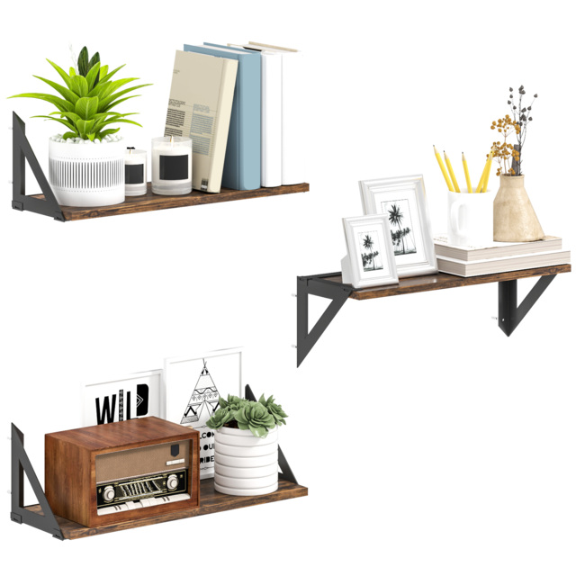 HOMCOM Set of 3 Wall Mounted Floating Shelves, Vintage Wall Shelves for Living Room, Entryway, Bedroom, Rustic Brown - image 1