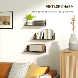 HOMCOM Set of 3 Wall Mounted Floating Shelves, Vintage Wall Shelves for Living Room, Entryway, Bedroom, Rustic Brown - thumbnail 6