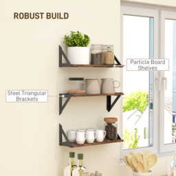 HOMCOM Set of 3 Wall Mounted Floating Shelves, Vintage Wall Shelves for Living Room, Entryway, Bedroom, Rustic Brown - thumbnail 7