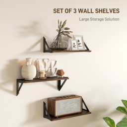 HOMCOM Set of 3 Wall Mounted Floating Shelves, Vintage Wall Shelves for Living Room, Entryway, Bedroom, Rustic Brown - thumbnail 4