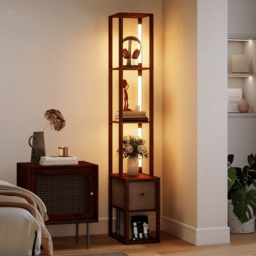 HOMCOM Floor Lamp with Shelves, LED Column Modern Standing Lamp with Fabric Drawer, Adjustable Brightness, Foot Switch for Living Room, Bedroom, Office, Dark Brown - thumbnail 2