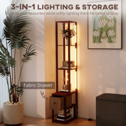 HOMCOM Floor Lamp with Shelves, LED Column Modern Standing Lamp with Fabric Drawer, Adjustable Brightness, Foot Switch for Living Room, Bedroom, Office, Dark Brown - thumbnail 4