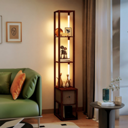 HOMCOM Floor Lamp with Shelves, LED Column Modern Standing Lamp with Fabric Drawer, Adjustable Brightness, Foot Switch for Living Room, Bedroom, Office, Dark Brown - thumbnail 7