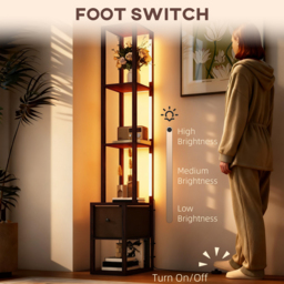 HOMCOM Floor Lamp with Shelves, LED Column Modern Standing Lamp with Fabric Drawer, Adjustable Brightness, Foot Switch for Living Room, Bedroom, Office, Dark Brown - thumbnail 6