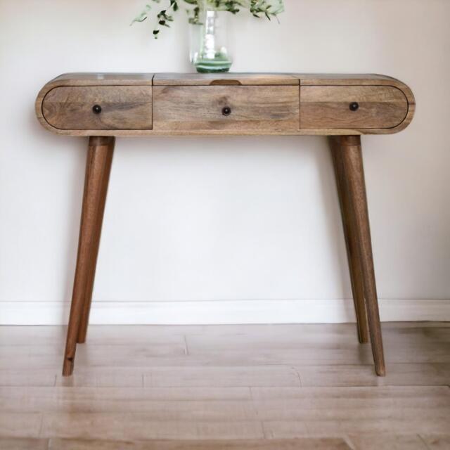 Solid Mango Wood Round Dressing Table 3 Drawers and Foldable Mirror, Hand‑finished Desk with Oak-ish Finish, 40L x 100W x 80H cm, Brown - Aosom UK - image 1