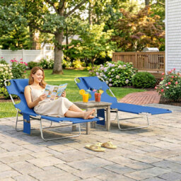 Outsunny 5-Position Adjustable Sun Loungers Set of 2 with Reading Hole and Side Pocket, Blue - thumbnail 2