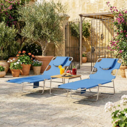 Outsunny 5-Position Adjustable Sun Loungers Set of 2 with Reading Hole and Side Pocket, Blue - thumbnail 9
