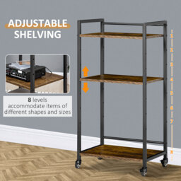 HOMCOM 3-Tier Printer Stand, Utility Cart, Rolling Trolley with Adjustable Shelves with Lockable Wheels for Home Office, Rustic Brown - thumbnail 6