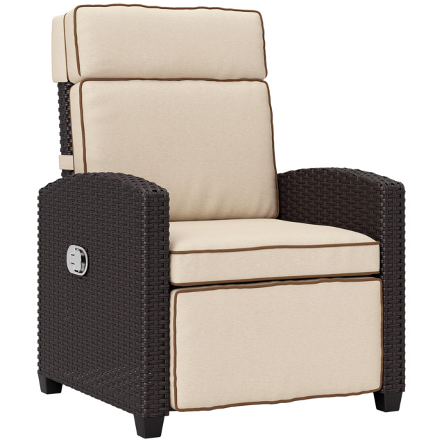 Outsunny Rattan Garden Recliner Chair, Adjustable Backrest Reclining Rattan Chair with Flip Table, Cushion and Footrest, Indoor Outdoor Lounge Reclining Sun Lounger for Patio, Dark Brown/Khaki - image 1