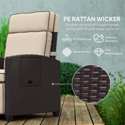 Outsunny Rattan Garden Recliner Chair, Adjustable Backrest Reclining Rattan Chair with Flip Table, Cushion and Footrest, Indoor Outdoor Lounge Reclining Sun Lounger for Patio, Dark Brown/Khaki - thumbnail 5