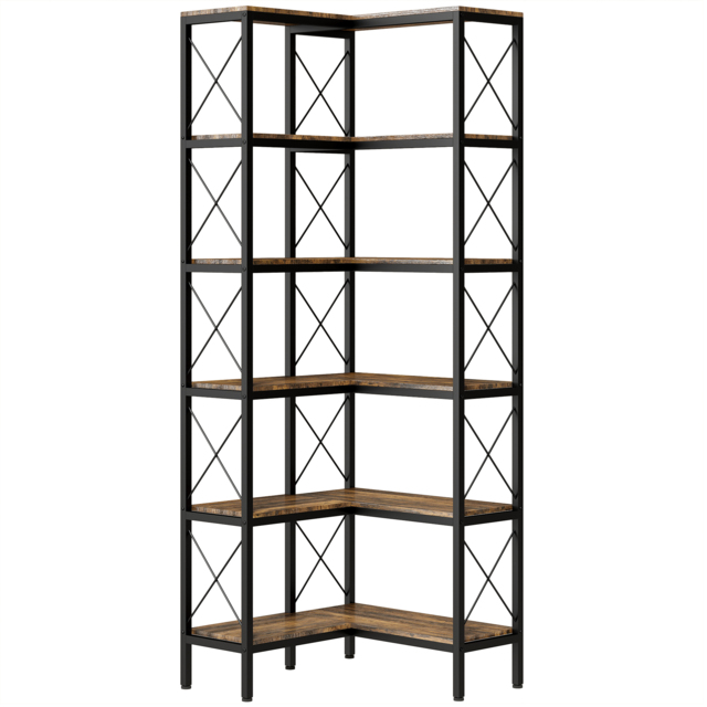HOMCOM 5-Tier L-Shaped Bookshelf, Freestanding Corner Bookcase with Metal Frame, Rustic Brown - image 1