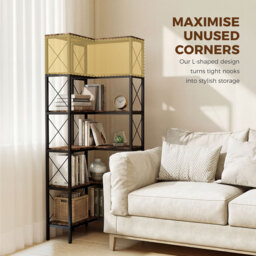 HOMCOM 5-Tier L-Shaped Bookshelf, Freestanding Corner Bookcase with Metal Frame, Rustic Brown - thumbnail 4