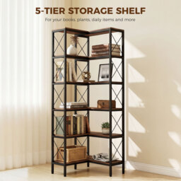 HOMCOM 5-Tier L-Shaped Bookshelf, Freestanding Corner Bookcase with Metal Frame, Rustic Brown - thumbnail 5