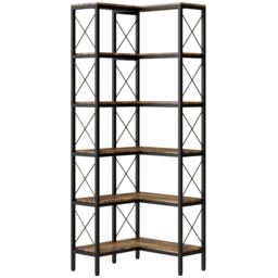 HOMCOM 5-Tier L-Shaped Bookshelf, Freestanding Corner Bookcase with Metal Frame, Rustic Brown