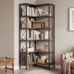HOMCOM 5-Tier L-Shaped Bookshelf, Freestanding Corner Bookcase with Metal Frame, Rustic Brown - thumbnail 2
