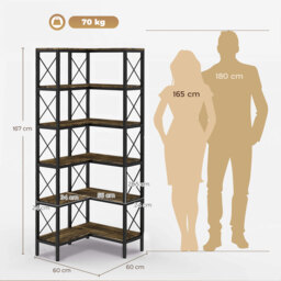 HOMCOM 5-Tier L-Shaped Bookshelf, Freestanding Corner Bookcase with Metal Frame, Rustic Brown - thumbnail 3