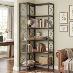 HOMCOM 5-Tier L-Shaped Bookshelf, Freestanding Corner Bookcase with Metal Frame, Rustic Brown - thumbnail 8