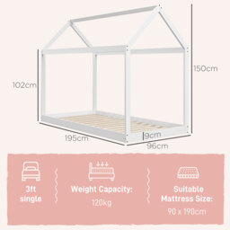 HOMCOM Single Bed Base with House Scandinavian Style, Wooden Bed Frame for 90W x 190Dcm Mattress, White - Aosom UK - thumbnail 3