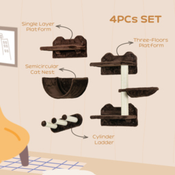 PawHut 4PCs Wall-Mounted Cat Shelves w/ Scratching Post, Hammock, Nest - Brown - Aosom UK - thumbnail 5