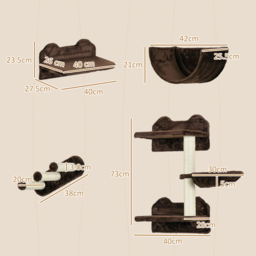 PawHut 4PCs Wall-Mounted Cat Shelves w/ Scratching Post, Hammock, Nest - Brown - Aosom UK - thumbnail 3