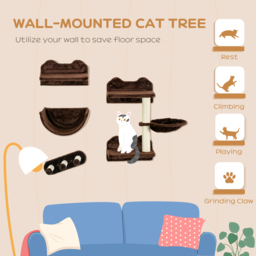 PawHut 4PCs Wall-Mounted Cat Shelves w/ Scratching Post, Hammock, Nest - Brown - Aosom UK - thumbnail 4