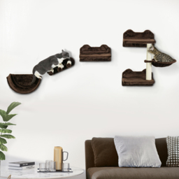 PawHut 4PCs Wall-Mounted Cat Shelves w/ Scratching Post, Hammock, Nest - Brown - Aosom UK - thumbnail 2