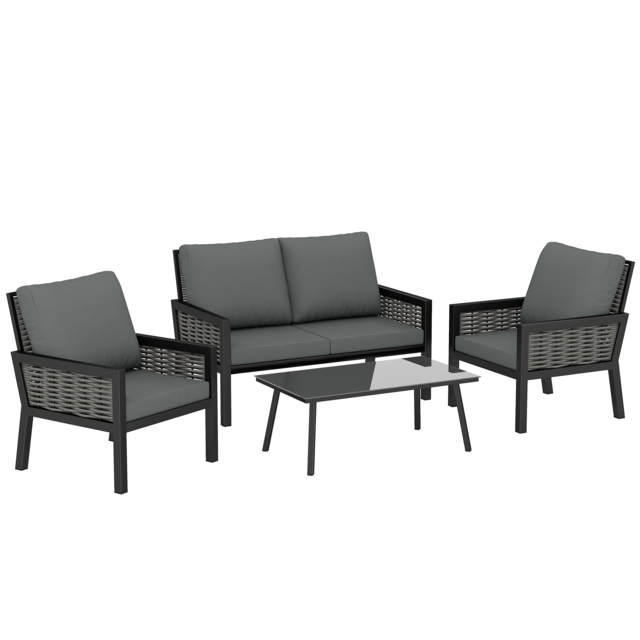 Outsunny 4 Seater Rattan Garden Furniture Set with 2 Armchairs, Loveseat, Coffee Table, Garden Sofa Set with Cushions, Dark Grey - image 1