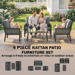 Outsunny 4 Seater Rattan Garden Furniture Set with 2 Armchairs, Loveseat, Coffee Table, Garden Sofa Set with Cushions, Dark Grey - thumbnail 8