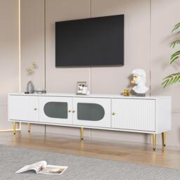 Stylish TV Stand with 2 Glass Doors and Metal Support Legs, Sturdy TV Cabinet for Living Room or Bedroom, 170L x 35W x 50H cm, White - Aosom UK - thumbnail 8
