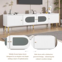 Stylish TV Stand with 2 Glass Doors and Metal Support Legs, Sturdy TV Cabinet for Living Room or Bedroom, 170L x 35W x 50H cm, White - Aosom UK - thumbnail 6