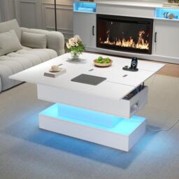 Multifunctional Coffee Table with Integral Power Outlet, Modern Center Table with App-Controlled LED Light, 100L x 50W x 51.5H cm, White - Aosom UK - thumbnail 8
